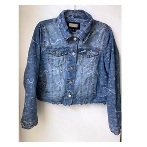 Indigo Saints Paisley Cropped Frayed Hem Denim Jacket